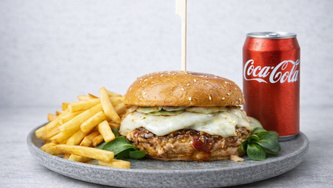 Rolani svinjski burger + Pomfrit + Coca-Cola